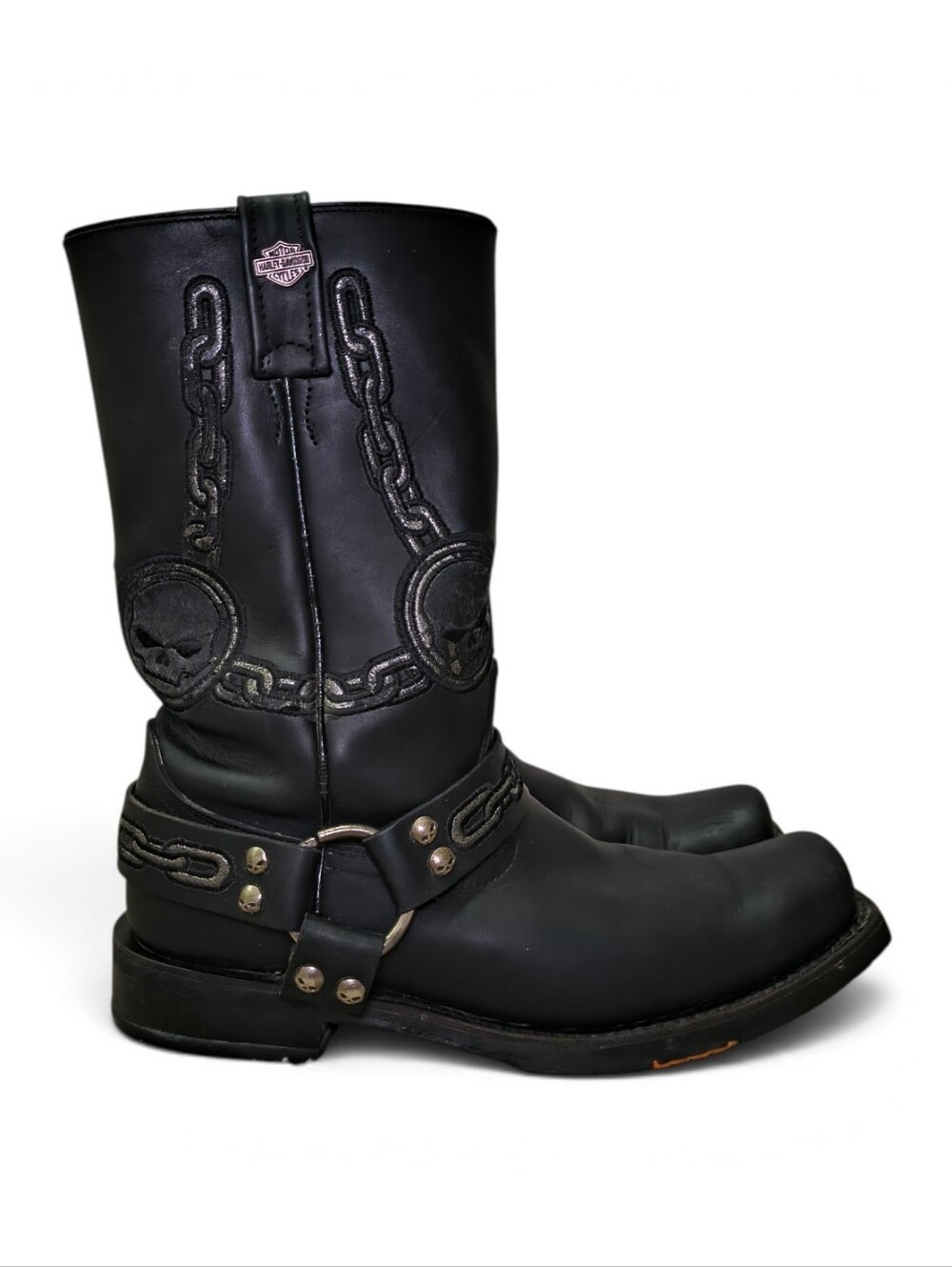 Vintage Harley Davidson Black Leather Willie G Skull & Chain Harness Biker Boots